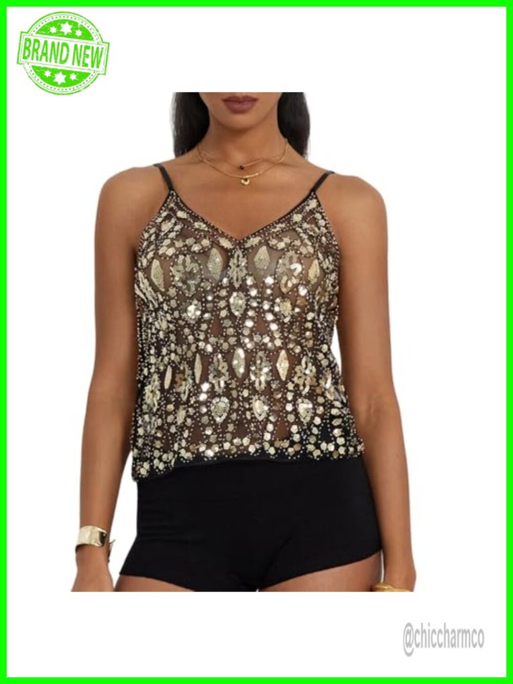 Sparkly Sequin Sheer Mesh Beaded V-Neck Cami Rave Party Clubwear Top